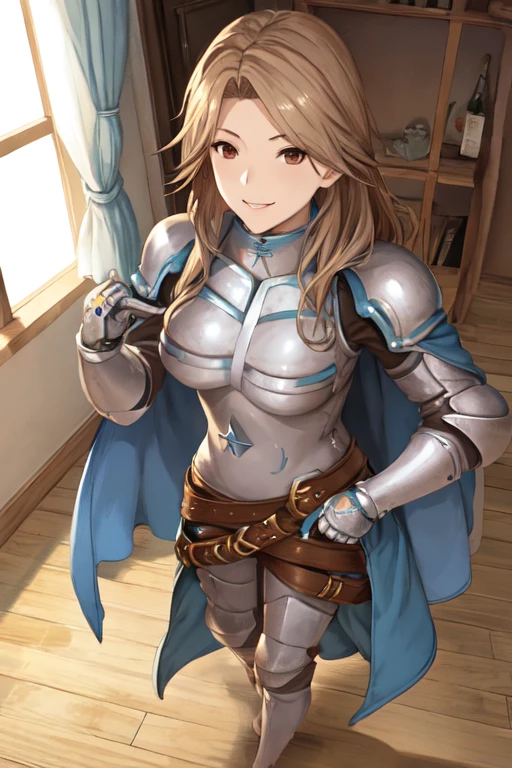 katalina (granblue fantasy), solo, 1girl, armor, gauntlets, belt, breastplate, gloves, shoulder armor, cape, pauldrons, pants, room, smile, standing, best quality, masterpiece, floor-angle shot