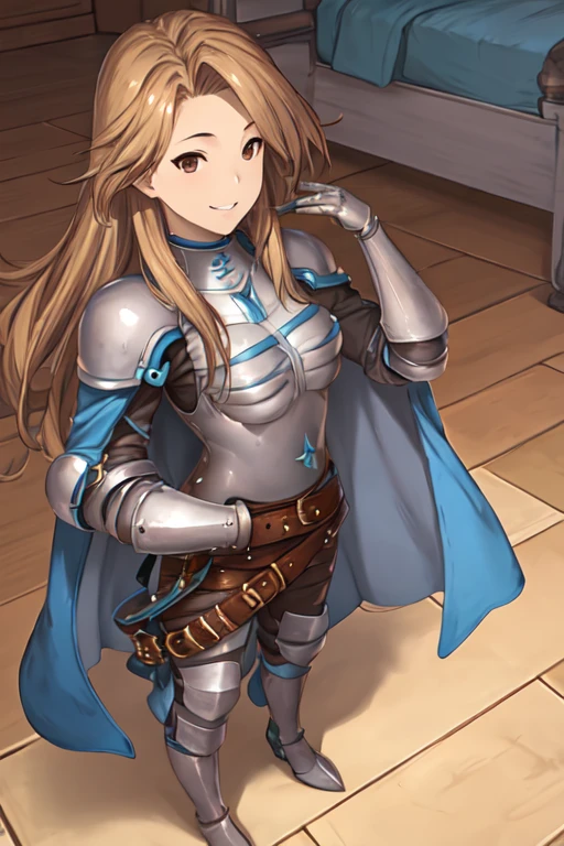 katalina (granblue fantasy), solo, 1girl, armor, gauntlets, belt, breastplate, gloves, shoulder armor, cape, pauldrons, pants, room, smile, standing, best quality, masterpiece, floor-angle shot