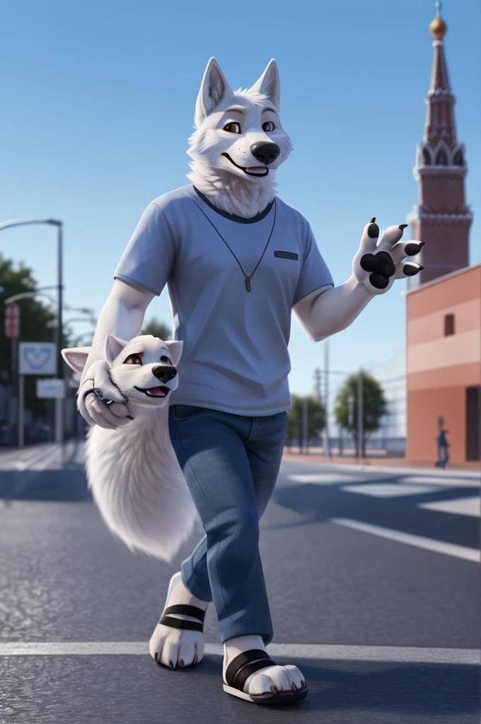 Varvara\(Moscow\), (white body:1.3), white fur, Brown eyes, Moscow, dressed, T-shirt, jeans, black heeled sandals dog, she-wolf, Detailed fur, Woman, breasts, anthro, paw pads, nails, treats guests, waves to the viewer, 5 fingers, paws, 4 fingers, ring, a white wolf cub walks with a newborn son, from Nextel, for dating, from a xenoforge, (complex, high detail, shooting, soft focus, RAW son walking, son,
Photorealism, realism, photorealism, digital style, Subsurface scattering,
masterpiece, Best quality, ultra realistic, 8k)