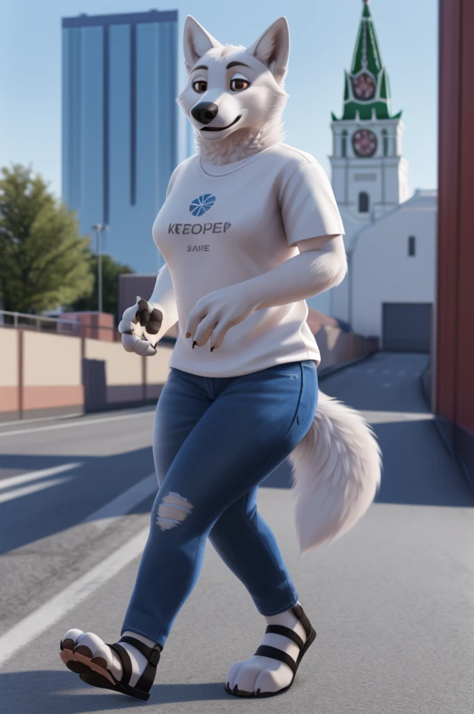 Varvara\(Moscow\), (white body:1.3), white fur, Brown eyes, Moscow, dressed, T-shirt, jeans, black heeled sandals dog,  she-wolf, Detailed fur, Woman, breasts, anthro, paw pads, nails, treats guests, waves to the viewer, 5 fingers, paws, 4 fingers, ring, a white wolf cub walks with a newborn son, from Nextel, for dating, from a xenoforge, (complex, high detail, shooting, soft focus, RAW son walking, son, 
Photorealism, realism, photorealism, digital style, Subsurface scattering,
masterpiece, Best quality, ultra realistic, 8k)