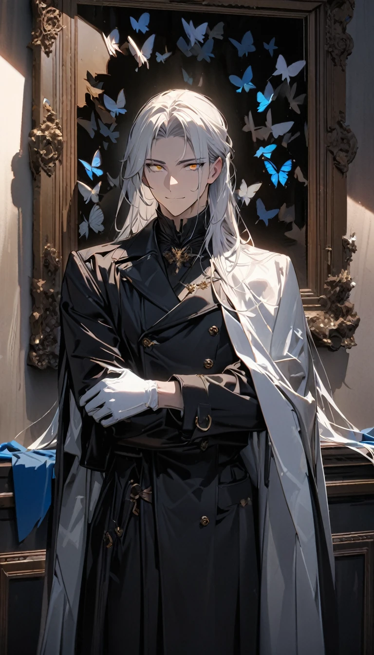 (masterpiece:1.5)，best quality，(1 Handsome man)，alone，white long length hair，(Golden eyes), (A soft smile)，elegant，perfect face，Long black trench coat，white and blue cloth，white leather gloves，white lining，Slightly muscular body，High，8K，Beautiful contrast of light and shadow，Dark luxury background，(complete upper body)，Positive face，luxury screen，Standing in front of the historical oil painting，Exquisite picture frame，((many butterflies))，(Museum)，Museum