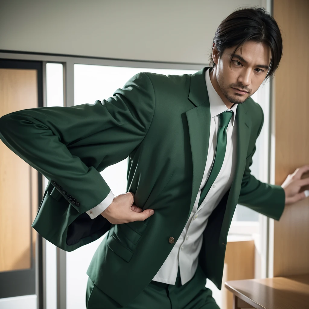 Create an image depicting a man dressed in a green business suit who exhibits excessive concern and consideration towards others in his everyday life. Show him in various daily situations where he demonstrates heightened attentiveness and care for those around him. Capture realistic expressions and gestures that convey his thoughtful and empathetic nature. Set the scenes in typical daily environments to emphasize the relatability and realism of his actions. Ensure the composition convincingly portrays his genuine kindness and attentive demeanor.