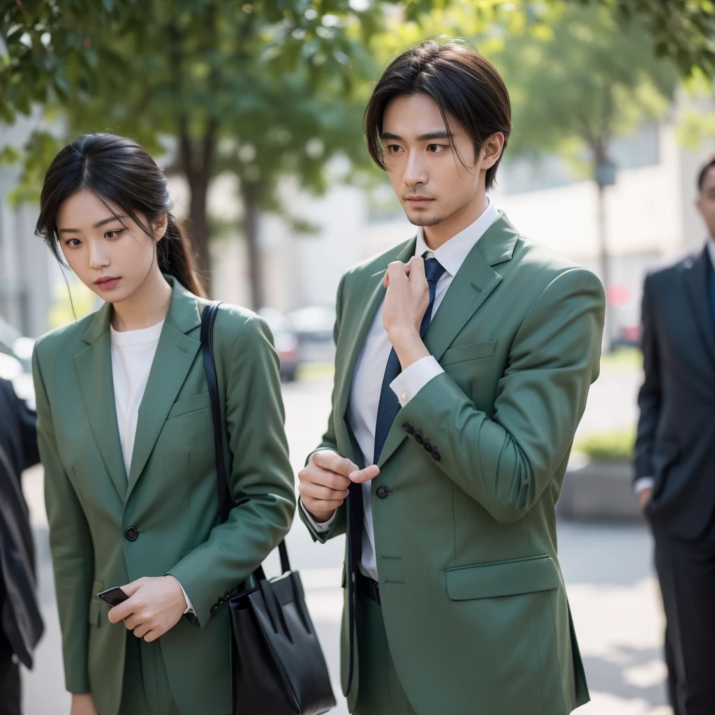 Create an image depicting a man dressed in a green business suit who exhibits excessive concern and consideration towards others in his everyday life. Show him in various daily situations where he demonstrates heightened attentiveness and care for those around him. Capture realistic expressions and gestures that convey his thoughtful and empathetic nature. Set the scenes in typical daily environments to emphasize the relatability and realism of his actions. Ensure the composition convincingly portrays his genuine kindness and attentive demeanor.