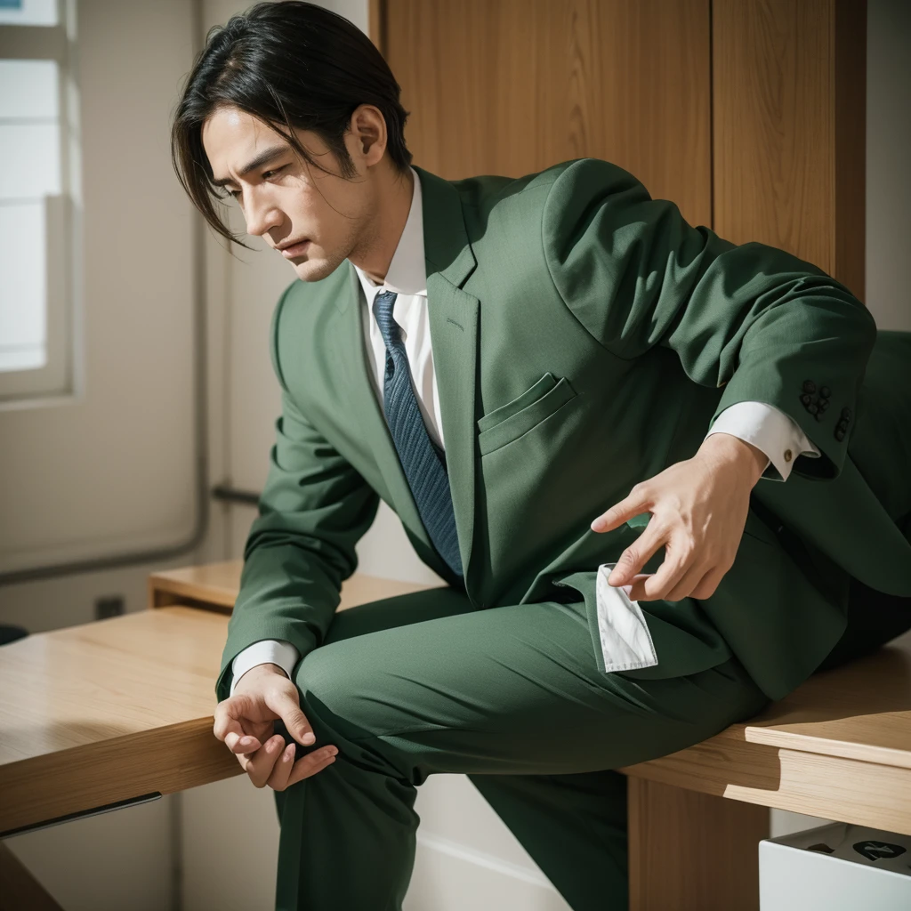 Create an image depicting a man dressed in a green business suit who exhibits excessive concern and consideration towards others in his everyday life. Show him in various daily situations where he demonstrates heightened attentiveness and care for those around him. Capture realistic expressions and gestures that convey his thoughtful and empathetic nature. Set the scenes in typical daily environments to emphasize the relatability and realism of his actions. Ensure the composition convincingly portrays his genuine kindness and attentive demeanor.
