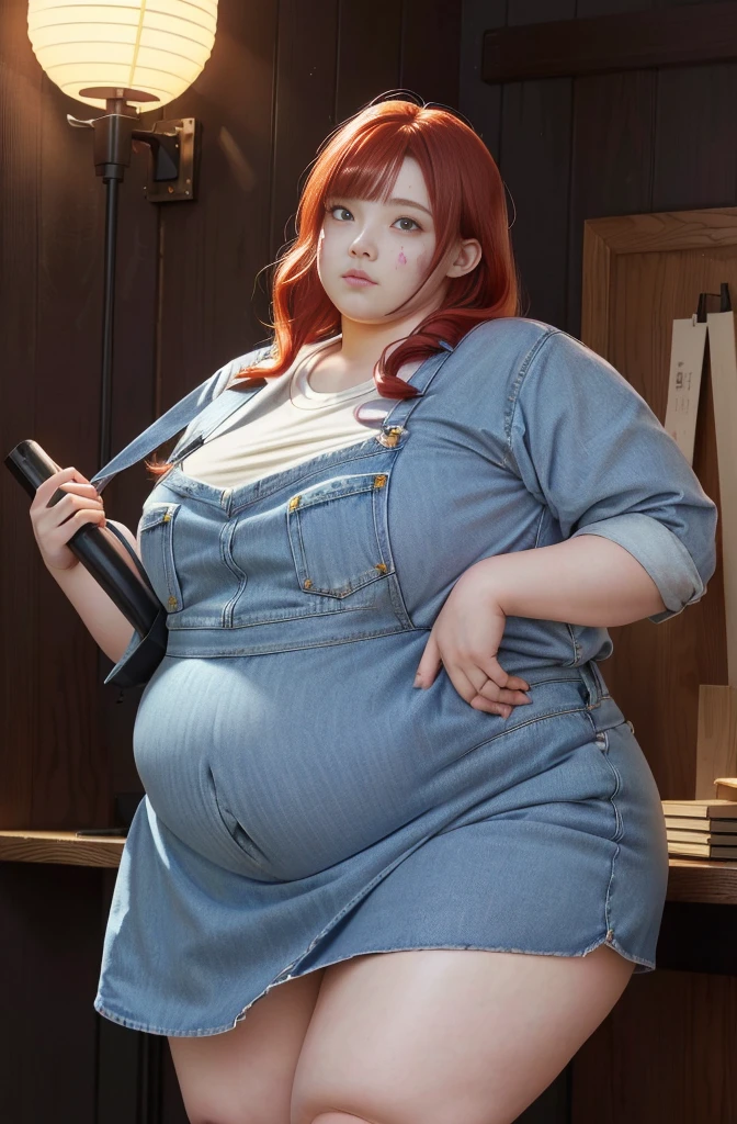 Makima from the anime "Chainsaw Man", bbwchan, whole body, beautiful and ultra detailed. ssbbw, morbid obesity, Red hair, yellow eyes, oily face, ultra detailed and soft face. Flowing white shirt, belly out, denim skirt, dynamic pose, Sun,