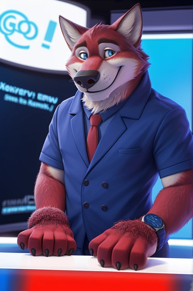 Ivan Fedorovich Wolfbach (Novosibirsk) ,tall handsome, wolf,young, 24 years, brown fur,Kind,(red body:1.3),beautiful blue eyes,Novosibirsk,dressed,whit shirt,red tie, blue pants, wolf, detailed fur, male,paw pads, finger claws,At the viewer, 5 fingers, paws, 5 fingers, smile, wrist watch, т nextel,by xenoforge, (difficult, high detail, digital photography, soft focus, RAW variety близко к камере, variety,Novosibirsk, smile, good mood, positive, Very close to the camera,presenter Moscow, TV channel Russia 1,lead photorealism, realistic, digital style, Subsurface scattering,looks at the squares, News studio, a good mood, funny, super
masterpiece, Best quality, ultra realistic, 8 thousand.)