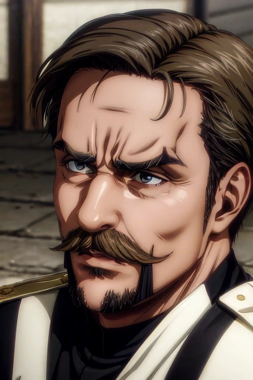 50 years old man, brown hair combed up, goatee and mustache, eyes black, serious expression, White military uniform, Marley, liberia