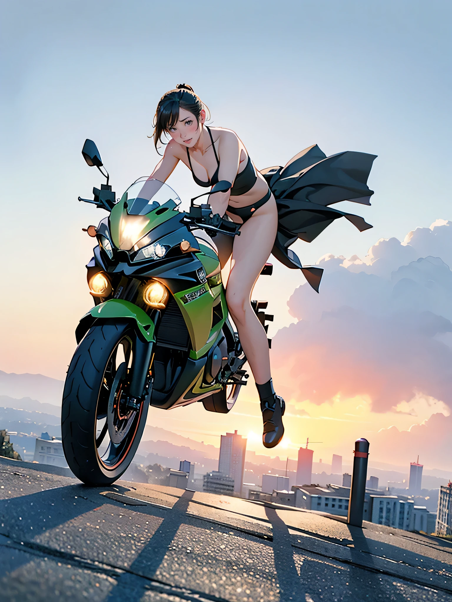 A woman riding a Kawasaki ZZR1400 up a steep hill in a foggy big city at sunrise、Chasing something、Distant and Near Viewodern, huge, intelligent buildings, Steam is coming out、Cinema Lighting、Dramatic atmosphere、8K、high quality、Realistic、Detailed landscape、Strong contrast、Volumetric lighting、Hazy environment、micro bikini