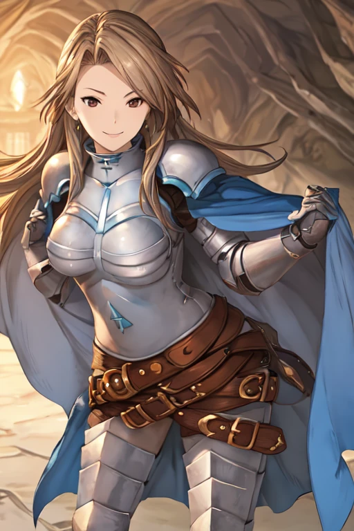 katalina (granblue fantasy), solo, 1girl, armor, gauntlets, belt, breastplate, gloves, shoulder armor, cape, pauldrons, pants, cave, smile, standing, best quality, masterpiece, floor-angle shot