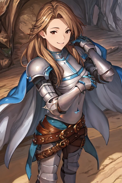 katalina (granblue fantasy), solo, 1girl, armor, gauntlets, belt, breastplate, gloves, shoulder armor, cape, pauldrons, pants, cave, smile, standing, best quality, masterpiece, floor-angle shot