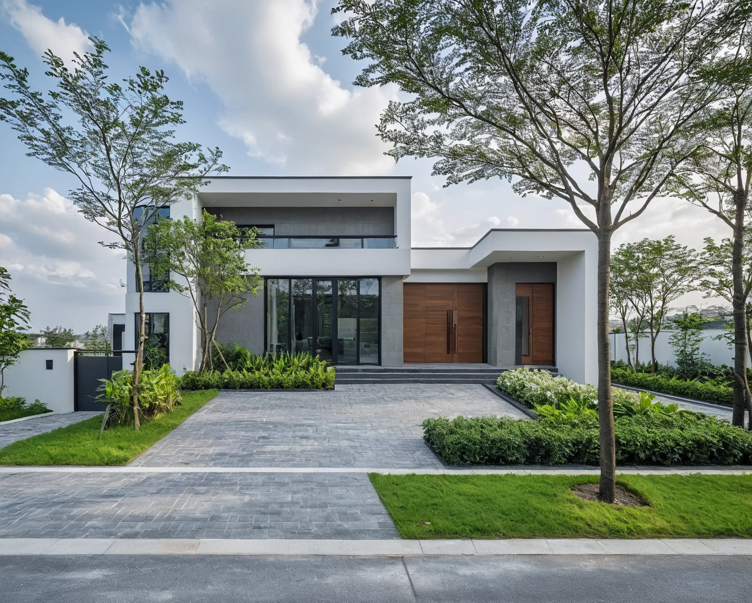 Raw photo, masterpiece, high quality, best quality, realistic, super detailed, outdoor, 2-storey house, modern townhouse style, (white wall), curved wall facade, aluminum interior door glass, curved planter, gray tiled accent wall, gray iron box exterior gate, road, sidewalk, grass, trees, sky, clouds, (daylight):1.1)
