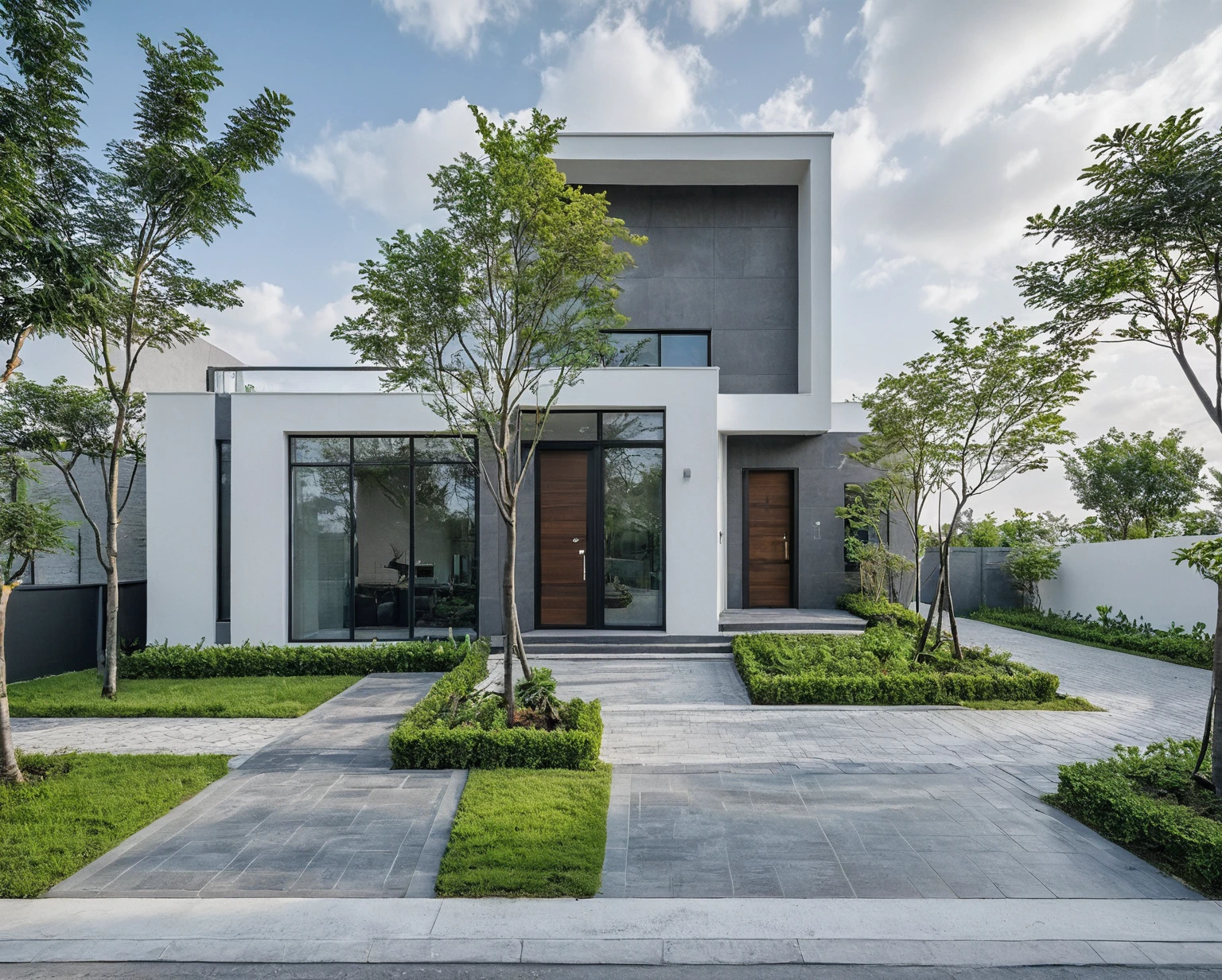 Raw photo, masterpiece, high quality, best quality, realistic, super detailed, outdoor, 2-storey house, modern townhouse style, (white wall), curved wall facade, aluminum interior door glass, curved planter, gray tiled accent wall, gray iron box exterior gate, road, sidewalk, grass, trees, sky, clouds, (daylight):1.1)
