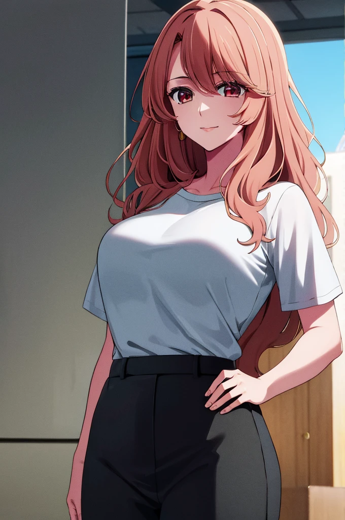 (masterpiece:1.3), (best quality:1.1), (8k, ultra detailed, ultra high res:1.2), ((anime style)), (perfect 5 fingers:1.1), perfect anatomy, 
1girl,
Miyako Saitou, 
BREAK long hair, wavy hair, 
BREAK strawberry blonde hair, 
red eyes, empty eyes, smile, t-shirt, black skirt, 
BREAK (large breasts:0.9), looking at viewer, 
BREAK cowboy shot, standing, hand on own hip, 
outdoors, outside, sunny, summer, 