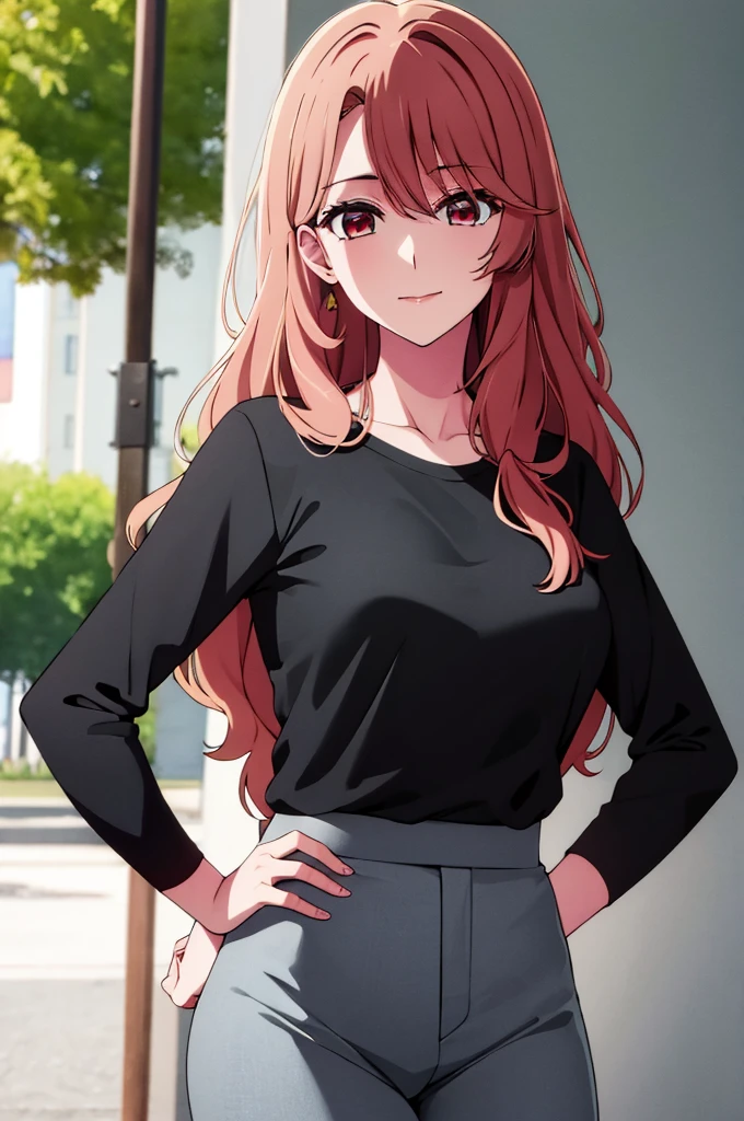 (masterpiece:1.3), (best quality:1.1), (8k, ultra detailed, ultra high res:1.2), ((anime style)), (perfect 5 fingers:1.1), perfect anatomy, 
1girl,
Miyako Saitou, 
BREAK long hair, wavy hair, 
BREAK strawberry blonde hair, 
red eyes, empty eyes, smile, t-shirt, black skirt, 
BREAK (large breasts:0.9), looking at viewer, 
BREAK cowboy shot, standing, hand on own hip, 
outdoors, outside, sunny, summer, 