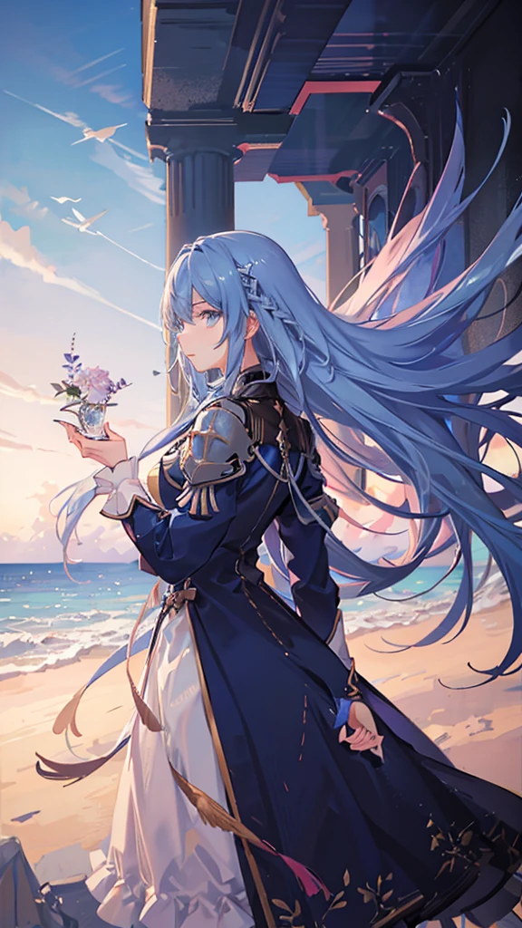 A girl with long blue hair, wearing a knight's uniform, blue eyes, flying in the sky, surrounding the beautiful sky, shimmering and magical colors, panoramic view from afar