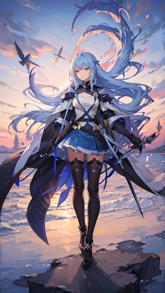 A girl with long blue hair, wearing a knight's uniform, blue eyes, flying in the sky, surrounding the beautiful sky, shimmering and magical colors, panoramic view from afar