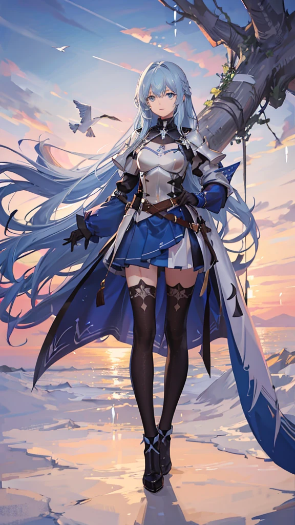 A girl with long blue hair, wearing a knight's uniform, blue eyes, flying in the sky, surrounding the beautiful sky, shimmering and magical colors, panoramic view from afar