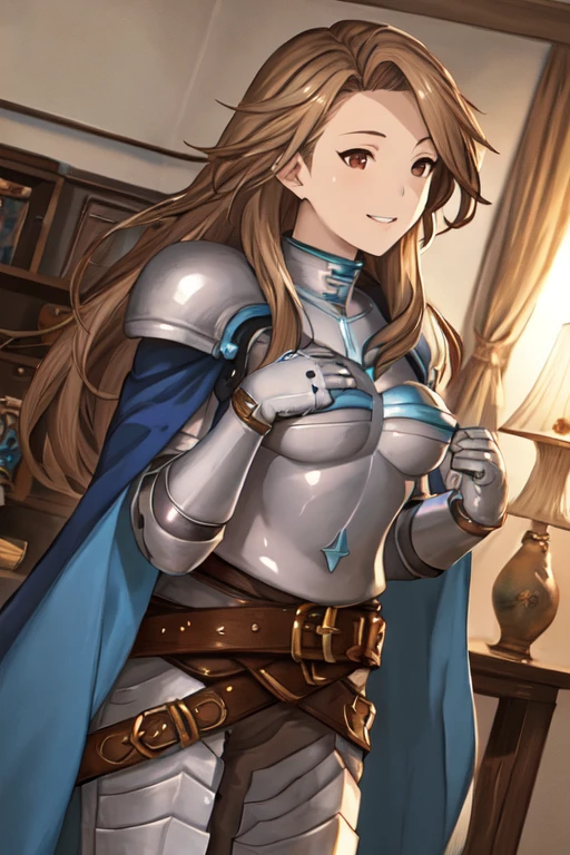 katalina (granblue fantasy), solo, 1girl, armor, gauntlets, belt, breastplate, gloves, shoulder armor, cape, pauldrons, pants, room, smile, standing, best quality, masterpiece, low-angle shot