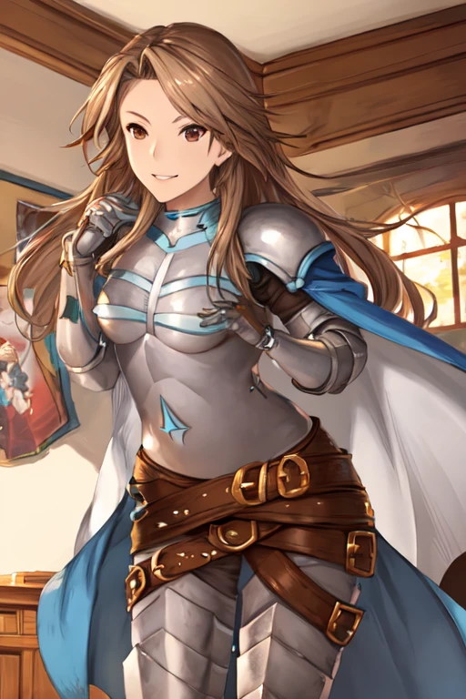 katalina (granblue fantasy), solo, 1girl, armor, gauntlets, belt, breastplate, gloves, shoulder armor, cape, pauldrons, pants, room, smile, standing, best quality, masterpiece, low-angle shot