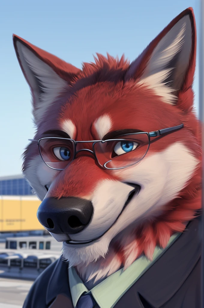 Ivan Wolfbach (Аэропорт Domodedovo),high,Beautiful,slim,24 years,wolf, red fur,high Beautiful wolf, 24 years,(red body:1.3),beautiful blue eyes,Domodedovo, Russia, Аэропорт Domodedovo,gray shirt, Green tie, trousers,canine, wolf, detailed fur, male, antro, paw pads, finger claws, at viewer, 5 fingers, paws, 5 fingers,day,digital photography, soft focus,good mood на стойке регистрации,,photorealism, realistic, photorealistic,digital style,from close walks around the city, Very close to the camera, digital photography, smile positive, good,mood,green tie, At the airport, glasses have trouble seeing, pilot patch, 4 yellow stripes on sleeves,
masterpiece, Best quality, ultra realistic, 8 k)