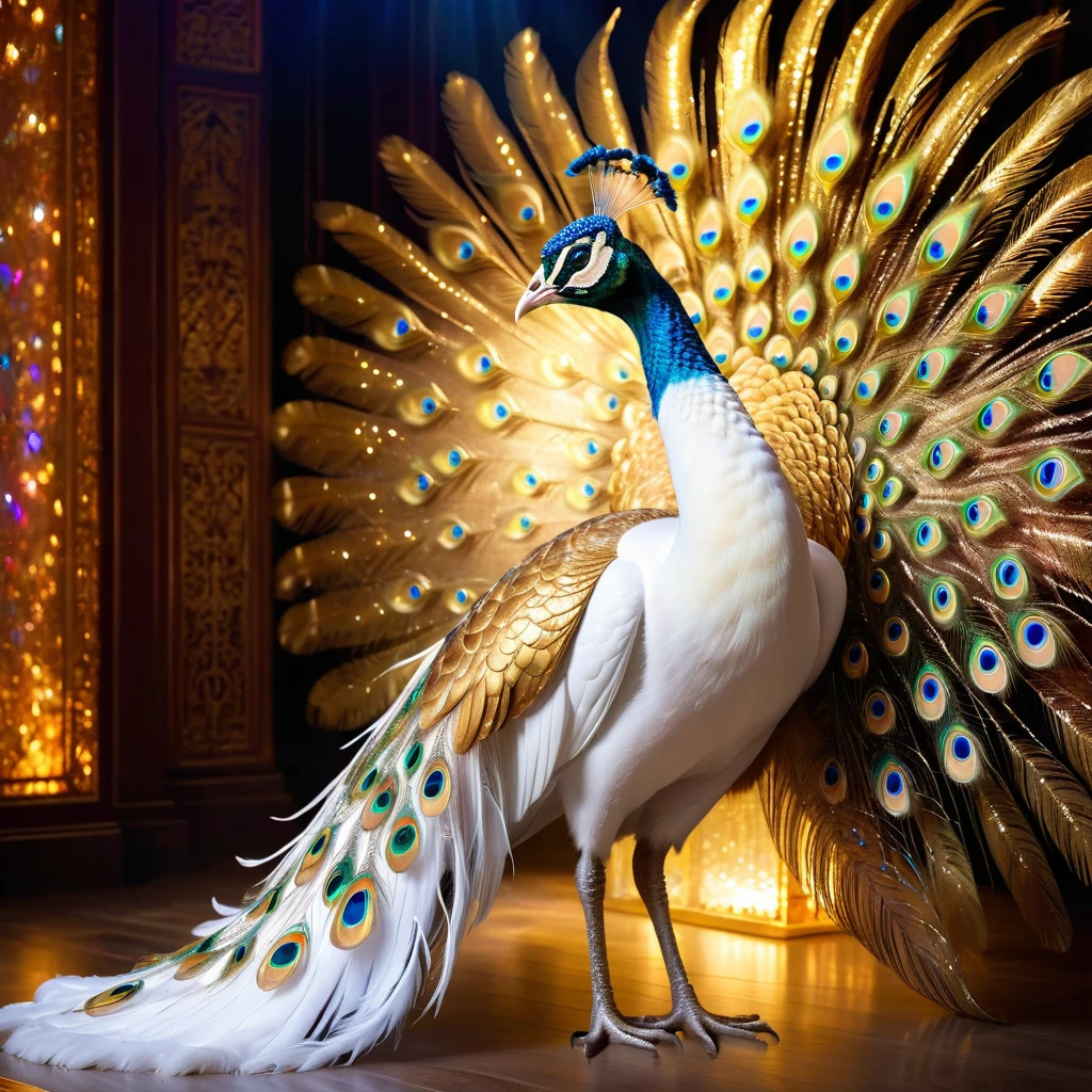 Peacock，Front upright，（Pure white body，Pure white head，Pure white neck，White feathers，Gold pattern，Crystal sparkle），Peacock开屏，Looking at the audience，fantasy，Colorful tones，masterpiece，Dramatic ethereal beauty，Panoramic view：1.2，Three light sources，reflected light