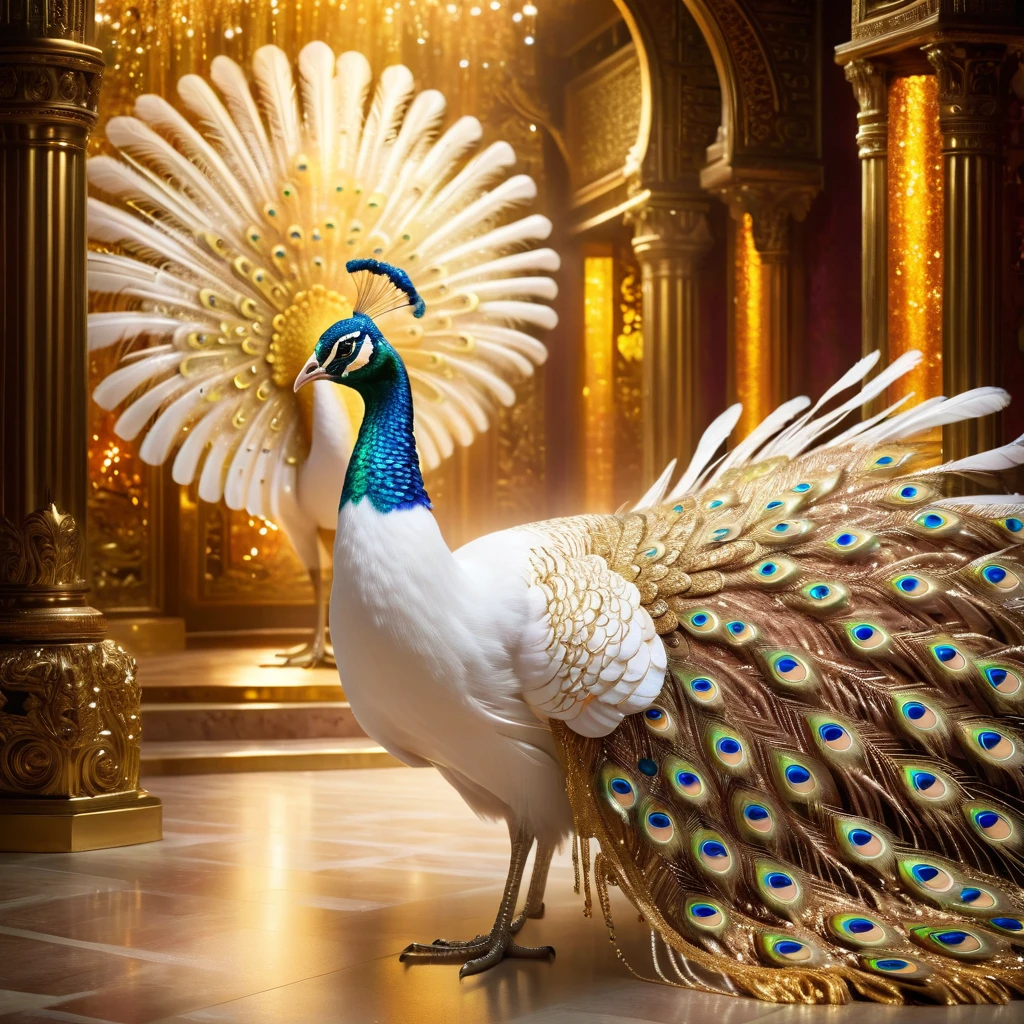 Peacock，Front upright，（Pure white body，Pure white head，Pure white neck，White feathers，Gold pattern，Crystal sparkle），Peacock开屏，Looking at the audience，fantasy，Colorful tones，masterpiece，Dramatic ethereal beauty，Panoramic view：1.2，Three light sources，reflected light