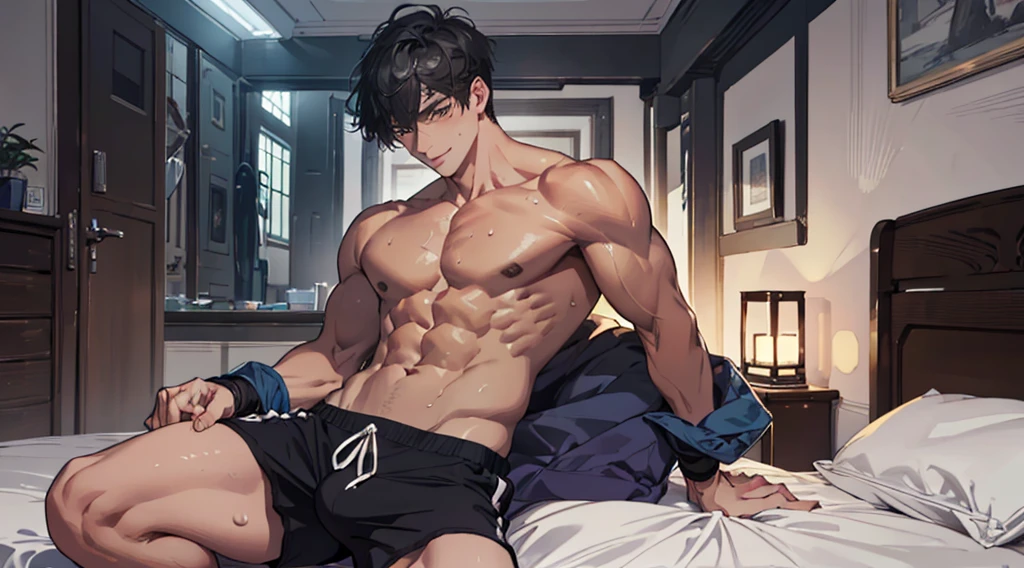 (absurd, high resolution, Extremely detailed),1 man, Mature and handsome man, Blushing smile，Seductive expression, Solitary, muscular, Muscle Man, High target, handsome guy, Big biceps, Abdominal muscles, thigh, Broad shoulders, Open the chest,Big bulge, Black short hair,sweat, Sweaty hair, Shirtless, Sit on the bed and relax, Black shorts, Viewers Watching, high resolution:1.2, best quality, Upper body shooting, Flat style, Ambiguous room background, Low photographic angle, Volumetric Lighting, Depth of Field, shadow,Romantic environment