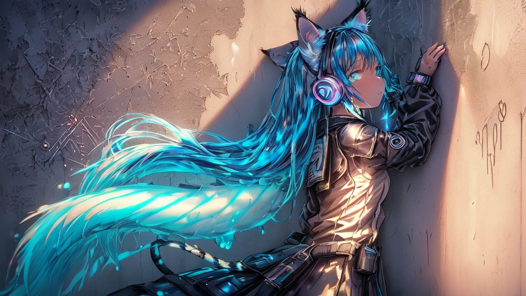 (work of art:1.2), best qualityer, (illustration:1.2), (ultra detali),eye focus,(Masterfully crafted shine, pink lens flare), (cinematic background), hyper details,(delicate detailed), (details Intricate), octane rendering, hdr, (hyperdetailed:1.15), (((colorfully))),(soft light:1.2), 1 girl,(lynx ears:1.3) , (Lynx girl), (cat tail:1.5), beautiful girl, ultra detailed eyes, mellow, fatter, thick, rainbow paint drops, paint tears, woman made up from paint, paint entirely, splash, Start, (out), (Bioluminescent Hair:1.5),(glare eyes:1.2), ((make up)),(CINEMATIC first work), ferocious, mighty, Startes of colour absolutely eye-catching, (cinematic lighthouse), (realistic jump lighting:1.2),((caustic)), dynamic angle, beautiful detailed glowing, ambient occlusion, ambient light, ray traced reflections,(better lighting, extremely delicate and beautiful), ((cinematic light)), (soft:2), (Eccentric:2) , intricate background, Vibrant, dreamy landscape, (painting graffit:1.3), (shiny tail), (painted city landscape), (Urban),(realistic urban fashion), (Expressive:1.2), Good shape, athletic , (mirrored world), (Long flowing black hair:1.1), wavy hair, (colorfully hair highlights),(Cyberpunk Techwear Moletom Japonês Streetwear Longline),(Cshoulder straps Cyberpunk Streetwear Kanji), glowing headphones, bonnet, (graffit wall), unfinished graffit, ghetto,(looking at the wall:2),black sweatshirt, (back wall present),(holding a spray can:1.3), (colorfully mist), buckles, belts, shoulder straps, a girl standing in front of a graffit wall, cyberpunk art, (by LAM), mika pikazo, graffit,  techwear jacket, black gloves, with buckle and ribbon