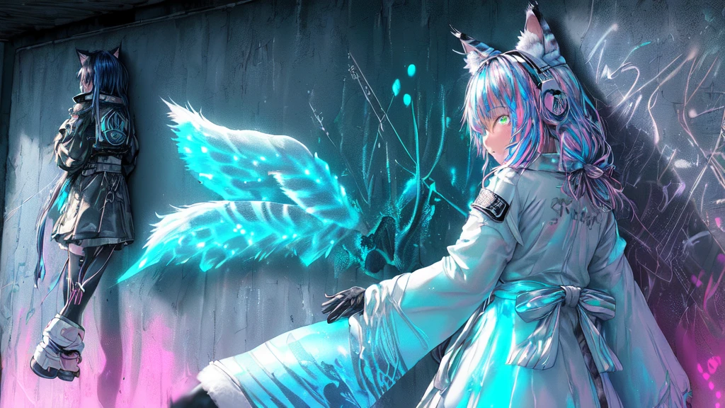 (work of art:1.2), best qualityer, (illustration:1.2), (ultra detali),eye focus,(Masterfully crafted shine, pink lens flare), (cinematic background), hyper details,(delicate detailed), (details Intricate), octane rendering, hdr, (hyperdetailed:1.15), (((colorfully))),(soft light:1.2), 1 girl,(lynx ears:1.3) , (Lynx girl), (cat tail:1.5), beautiful girl, ultra detailed eyes, mellow, fatter, thick, rainbow paint drops, paint tears, woman made up from paint, paint entirely, splash, Start, (out), (Bioluminescent Hair:1.5),(glare eyes:1.2), ((make up)),(CINEMATIC first work), ferocious, mighty, Startes of colour absolutely eye-catching, (cinematic lighthouse), (realistic jump lighting:1.2),((caustic)), dynamic angle, beautiful detailed glowing, ambient occlusion, ambient light, ray traced reflections,(better lighting, extremely delicate and beautiful), ((cinematic light)), (soft:2), (Eccentric:2) , intricate background, Vibrant, dreamy landscape, (painting graffit:1.3), (shiny tail), (painted city landscape), (Urban),(realistic urban fashion), (Expressive:1.2), Good shape, athletic , (mirrored world), (Long flowing black hair:1.1), wavy hair, (colorfully hair highlights),(Cyberpunk Techwear Moletom Japonês Streetwear Longline),(Cshoulder straps Cyberpunk Streetwear Kanji), glowing headphones, bonnet, (graffit wall), unfinished graffit, ghetto,(looking at the wall:2),black sweatshirt, (back wall present),(holding a spray can:1.3), (colorfully mist), buckles, belts, shoulder straps, a girl standing in front of a graffit wall, cyberpunk art, (by LAM), mika pikazo, graffit, techwear jacket, black gloves, with buckle and ribbon