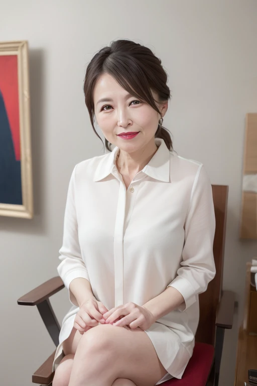 8K, Mature elegant Japanese woman, 55 years old, Married women, Delicate features, Long eyelashes, Sparkling eyes, Low Ponytail, Red lipstick, Rosy Cheeks, eye shadow, Attractive lips, A thin shirt that shows your underwear, Sit on a chair, Crossing your legs, Panty shot, photo shoot, (Highest quality,8K,High resolution,masterpiece:1.2),