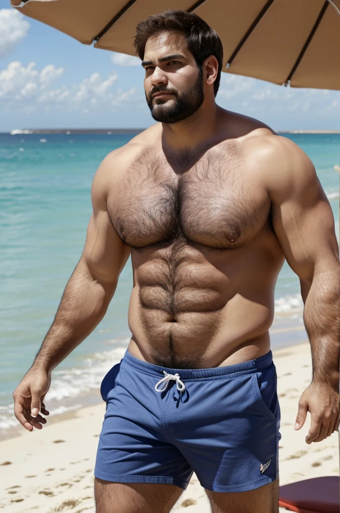 A man, Big, rubio, on the beach, shirtless and no shorts, very hairy