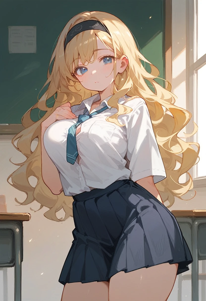 school, Japanese , student, Blue eyes, Blonde hair, Breast size d,Hair is short, not exceeding the ear, wavy hair, Big hips, High quality, She is wearing a black headband