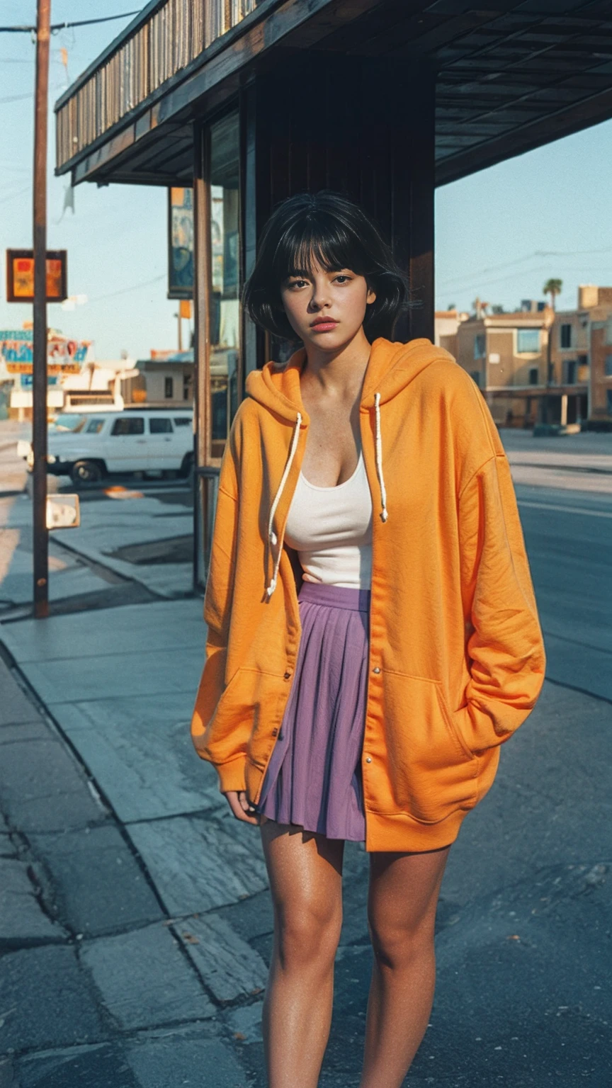 long shot portrait of cute 23 yo girl, (natural big breast) ,wear ((orange color oversized hoodie)), wear ((purple tennis skirt)),looking front,Best Quality,Masterpiece,Ultra High Resolution,(Realisticity:1.4),Original Photo, 1Girl, light leak,ultra high resolution,UHD,beautiful, (black bob hair), almond eye, no makeup, in front of (80's mondrian architecture motel), (realistic:1.2), (surreal:1.3), (very detailed:1.1), ((masterpiece)),summer, blue sky, palm trees,sunny, los angles vibes,film camera, 800mm lens,style of Philip Lorca diCorcia
