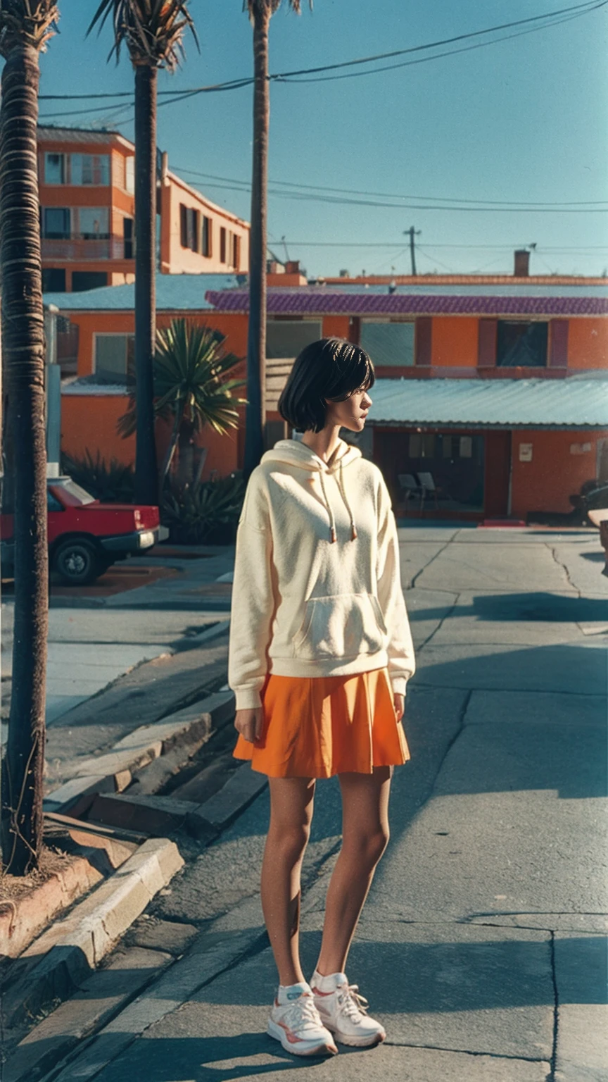 long shot portrait of cute 23 yo girl, (natural big breast) ,wear ((orange color oversized hoodie)), wear ((purple tennis skirt)),looking front,Best Quality,Masterpiece,Ultra High Resolution,(Realisticity:1.4),Original Photo, 1Girl, light leak,ultra high resolution,UHD,beautiful, (black bob hair), almond eye, no makeup, in front of (80's mondrian architecture motel), (realistic:1.2), (surreal:1.3), (very detailed:1.1), ((masterpiece)),summer, blue sky, palm trees,sunny, los angles vibes,film camera, 800mm lens,style of Philip Lorca diCorcia
