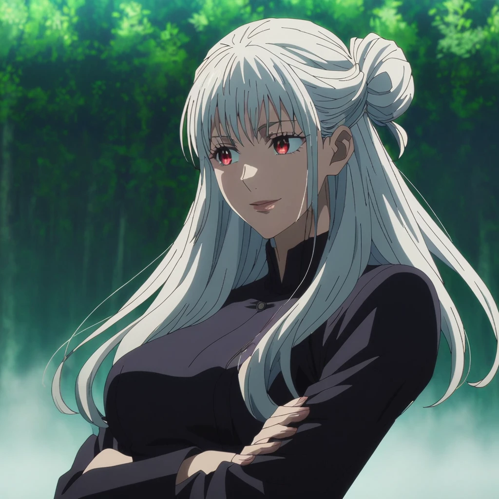 1girl, anime screencap from jujutsu kaisen, solo, very long_hair, ((smooth texture hair)) purple eyes, ((long hair, white hair, hair bun , red_eye)), breasts, upper_body, smile, forest background, red_eyes, lips, ((long white hair, elegant hairstyle, hair bun ,red_eye)) wearing black color clothes, breast, "very detailed and high resolution" (red eyes) ((cross arms)) ((smooth texture hair)) ((solo)) ((high resolution)) (Good quality)