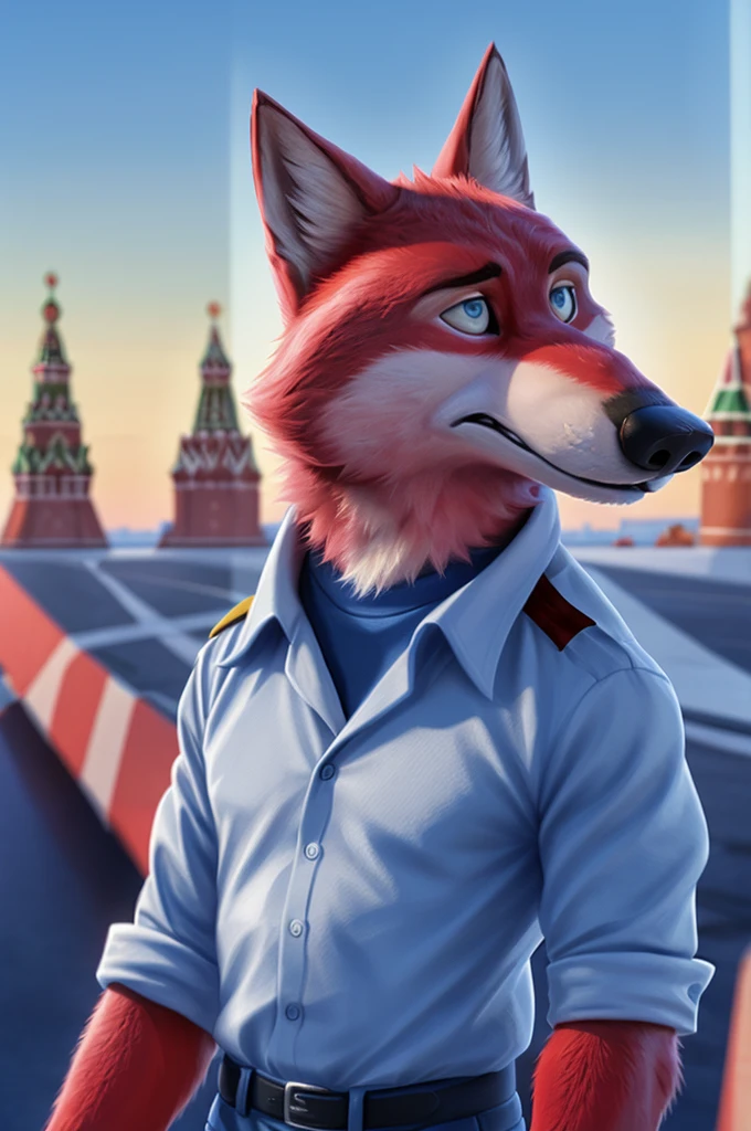 Ivan Wolfbach (Moscow),high,Beautiful,slim,24 years,wolf, red fur,high Beautiful wolf, 24 years,(red body:1.3),beautiful blue eyes,Moscow россия, dressed,form, civil aviation pilot,shirt, captain&#39;s shoulder straps,, captain&#39;s cap, black tie, trousers,canine, wolf, detailed fur, male, antro, paw pads, finger claws, at viewer, 5 fingers, paws, 5 fingers,day,digital photography, soft focus,good mood,photorealism, realistic, photorealistic,digital style,from close walks around the city, Very close to the camera, digital photography, smile positive, good,mood, белая shirt, epaulets shoulder straps cadet flight school, 
masterpiece, Best quality, ultra realistic, 8 k)