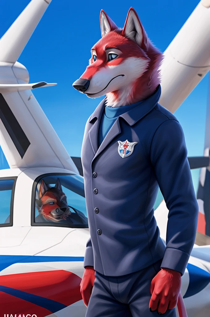 Ivan Wolfbach (Moscow),high,Beautiful,slim,24 years,wolf, red fur,high Beautiful wolf, 24 years,(red body:1.3),beautiful blue eyes,Moscow россия, dressed,form, civil aviation pilot,shirt, captain's shoulder straps,, captain's cap, black tie, trousers,canine, wolf, detailed fur, male, antro, paw pads, finger claws, at viewer, 5 fingers, paws, 5 fingers,day,digital photography, soft focus,good mood,photorealism, realistic, photorealistic,digital style,from close walks around the city, Very close to the camera, digital photography, smile positive, good,mood, белая shirt, epaulets shoulder straps cadet flight school,
masterpiece, Best quality, ultra realistic, 8 k)