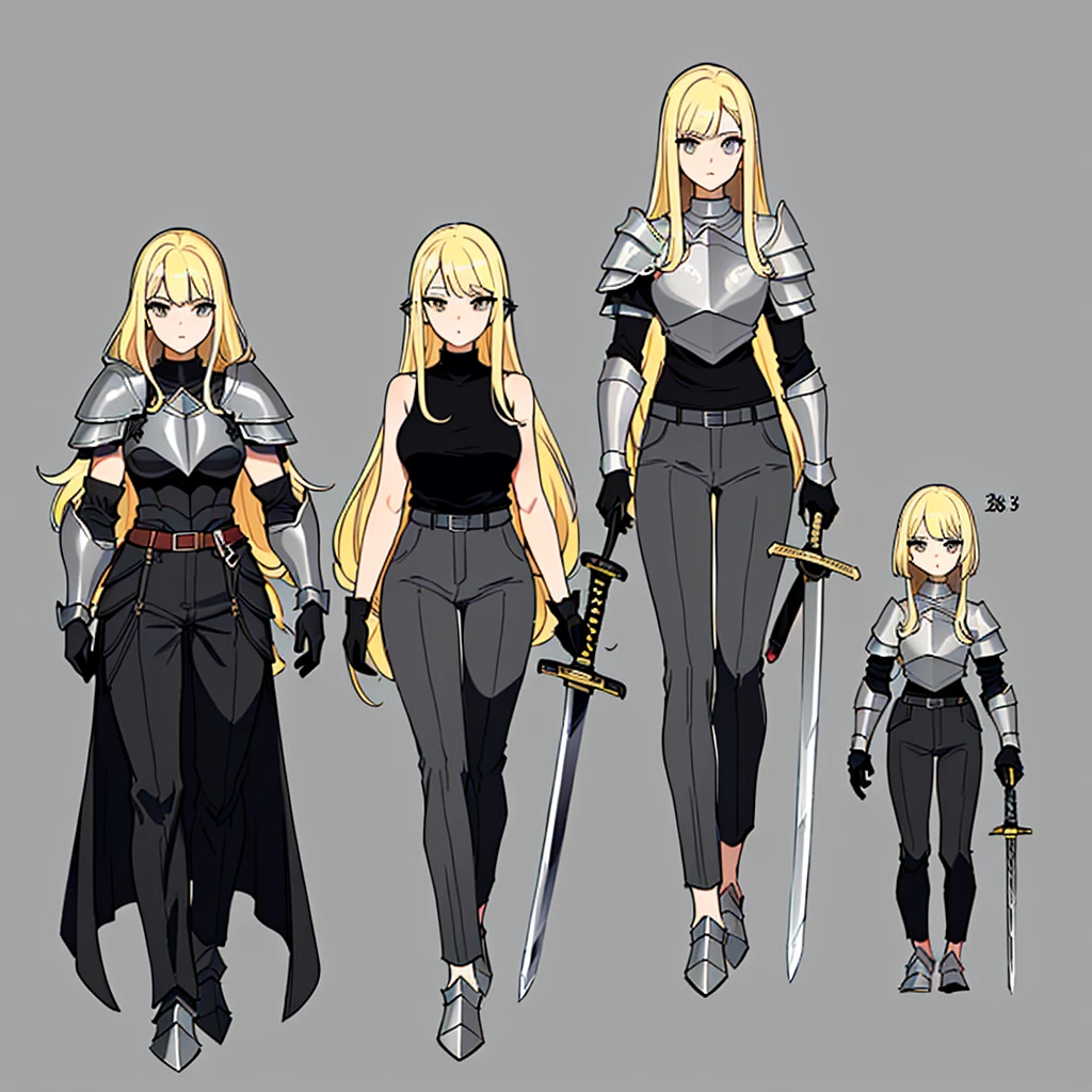 (No humans)、An alien tentacle creature with tentacles branching out from a central body with a single large eye、(Full body character concept、detailed)、(((Simple grey armor、Black trousers、Black gloves))、(woman、18-year-old)、(Blonde、Long Hair)、(((Grab the sword)))