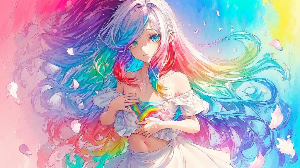 (Pink Fashion T-shirt:1.9),(colored hair: 1.8), (all colors of the rainbow: 1.8),(((((vertical painting:1.6))), (painting:1.6),正面, comics, illustrations, paintings, eyes large, crystal clear eyes,( rabo de cavalo alto Gradient de cor do arco íris:1.7), exquisite makeup, cloused mouth,(Small Fresh: 1.5),(Clean the chest: 1.6) ,long eyelashes, off-shoulder white t-shirt, White shoulder shirt,Looking at the audience, big watery eyes, (colored hair arco-íris:1.6), splash of color, (standing alone:1.8), splash of color, color explosion, thick paint style, messy lines, ((glimmering)),(colorfully), (colorfully), (colorfully), colorfully, Thick paint Style, (Start) (Color Start), Vertical painting, trunk, paint Start, Acrylic Pigment, Gradient, paint, A highest quallity de imagem, highest quallity, work of art, standing alone, Depth of field, Face paint, colorfully clothes, (chic: 1.2), marvelous,long hair, Tuuli, (chic: 1.3), (petals: 1.4),(((work of art))),(((best qualityer))),((ultra detali)),(illustration),(dynamic angle),((floating)),(paint),((disheveled hair)),(standing alone),(1 girl) , (((detailed anima face))),((beautifull detailed face)),collared,bared shoulders,White hair, ((colorfully hair)),((hair with highlights)),beautiful detailed eyes,(Gradient color eyes),(((colorfully eyes))),(((colorfully background))),(((high saturation))),(((surrounded by colorfully splashes))),