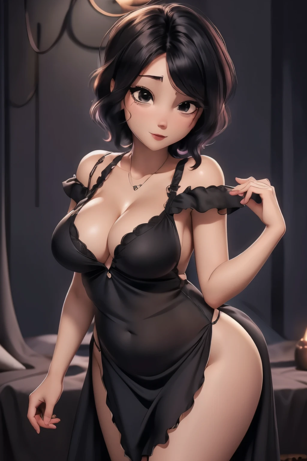 Seductive and horny pose alluring and flirty hedonistic cuteness Sweet adorable and alluring hot and curvaceous anime babe sparsely clothed in a highly revealing and alluring goth nightgown short bob hairstyle wavy and alluring 