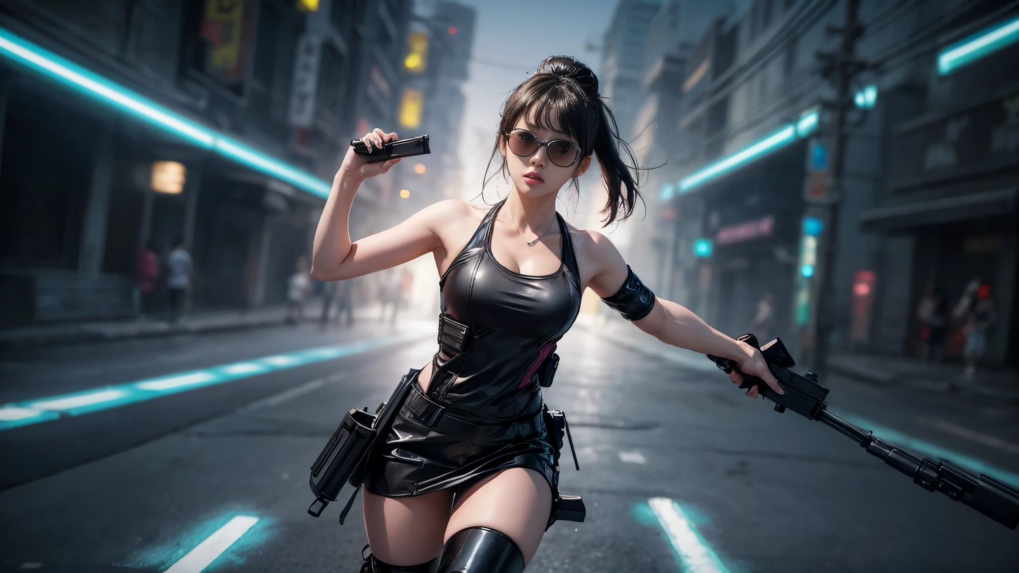 8k, Realistic Skin Texture, Realistic Photo, Neo Tokyo, slim Japanese women, large-breast:1.3 cleavage:1.2, AD2050 at night, Dirty hunting jacket, Wearing tube top, miniskirt, (((black sunglasses, automatic rifle, sneakers, cold, shooting pose, low angle view))), Innovative composition, revenge, cyberpunk, blade runner worldview, Large neon sign, Geisha hologram sign, Strong Wakamoto Sign.