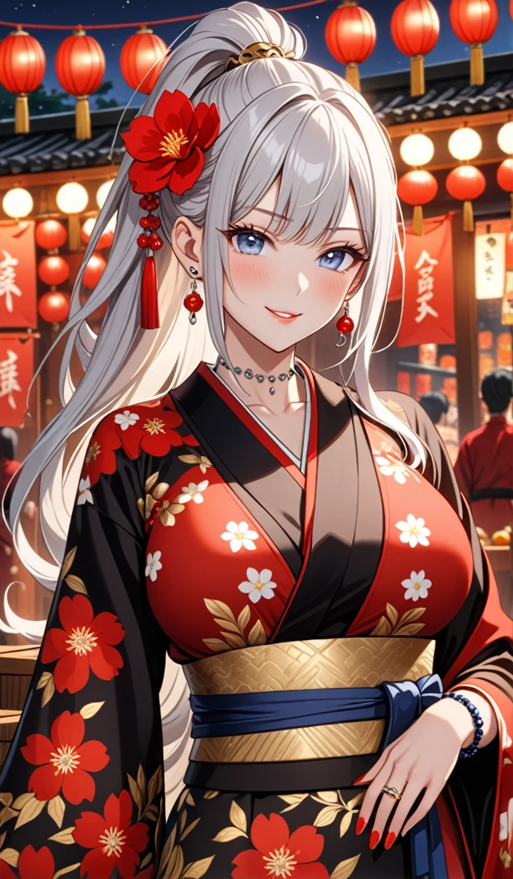 ((one girl)), hyper detailed, absurdres, 8K,Cute face, (Laugh shyly), ((laugh:1.8)), ((Wink:1.8)), (Laugh with your mouth wide open:1.3),(Tilt your head:1.3),  View your viewers, ((Bright red cheeks:1.6)),Glossy Red Lips, ((Big Breasts:1.4)) night, Shrine festival stalls, (Brighten your face), ((Anime style background)),masterpiece, Highest quality, so beautiful,Latest, Complex details, (Pink long nails), (nail art), (ring),(bracelet), (helix piercing:1.7), (Floral Choker),AI-generated, Complex,High resolution, Highest quality, super high quality,3D Images、3D Images,One person,Long white hair,(High Ponytail), Anime woman posing for a photo,((silver eyes:1.6)), ((Fine grain、blue eyes、Shining Eyes:1.3)), (Squint your eyes:1.1),a hyperRealistic , hyperRealistic , Realistic,Anime woman with long white hair, Smooth anime CG art, With gold embroidery、A girl in a gorgeous kimono, ((Black long sleeve kimono:1.3)),(Red large floral pattern) ,Long flower hair ornament,Floral Earrings,Mature Body, expensive,Abdominal muscles,Tight waist,((face focus:1.6)), (front view),