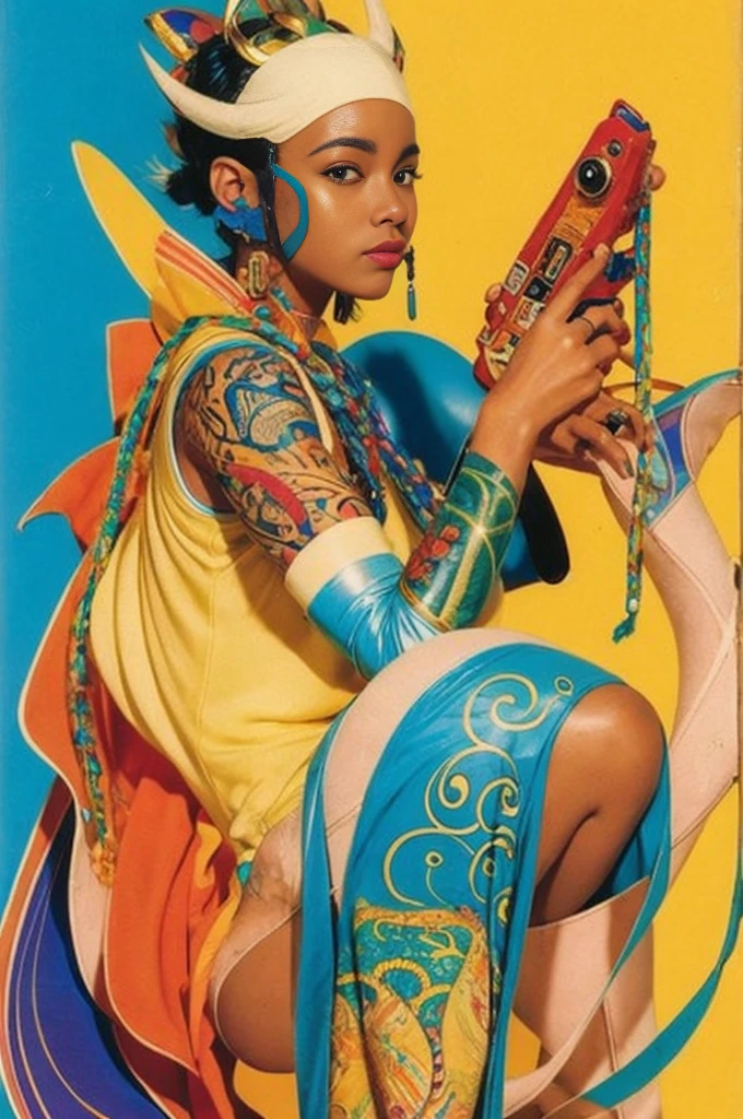 in the style of cyberpunk futurism, african influence, etam cru, light blue and gold, michael creese, steelpunk, michael hussar, tattoos, dragons, avant garde, lofi, by Bradshaw Crandell, Andrew Loomis, washed colors, atari graphics, white background