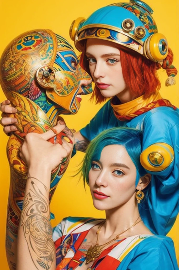in the style of cyberpunk futurism, african influence, etam cru, light blue and gold, michael creese, steelpunk, michael hussar, tattoos, dragons, avant garde, lofi, by Bradshaw Crandell, Andrew Loomis, washed colors, atari graphics, white background