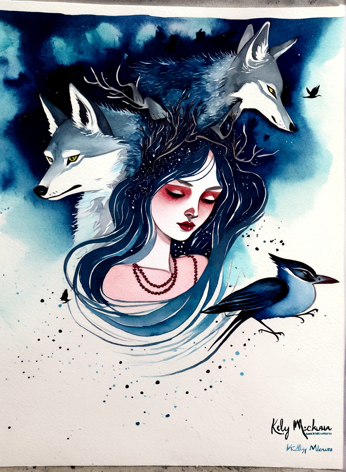 painting of a woman with a wolf and a bird in her hair, a watercolor painting inspired by Kelly McKernan, tumblr, pop surrealism, watercolor detailed art, ink and watercolor illustration, detailed watercolor painting, ink and watercolors, watercolor ink illustration, inky illustration, fantasy water color, fantasy watercolor, ink and watercolor, watercolor illustration, watercolor and ink, ink artwork