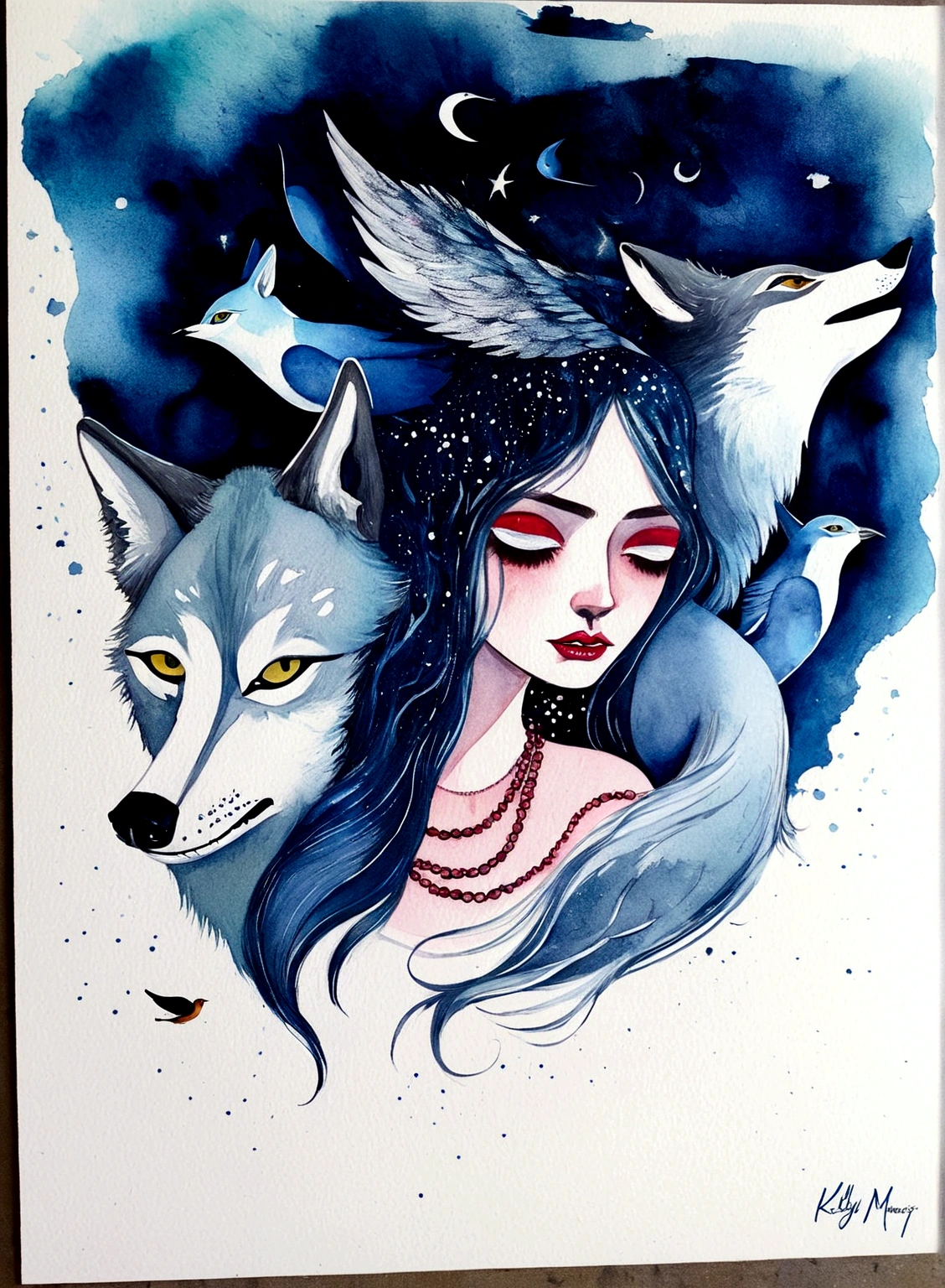 painting of a woman with a wolf and a bird in her hair, a watercolor painting inspired by Kelly McKernan, tumblr, pop surrealism, watercolor detailed art, ink and watercolor illustration, detailed watercolor painting, ink and watercolors, watercolor ink illustration, inky illustration, fantasy water color, fantasy watercolor, ink and watercolor, watercolor illustration, watercolor and ink, ink artwork
