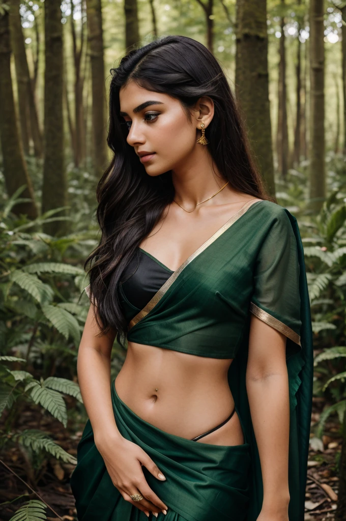 photography of a 19yo woman in a Forest green sari with little bit of gold details and black blouse with little bit of gold details