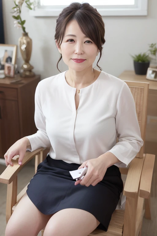 8K, Mature elegant Japanese woman, 55 years old, Married women, Delicate features, Long eyelashes, Sparkling eyes, Low Ponytail, Red lipstick, Rosy Cheeks, eye shadow, Attractive lips,  I can see your underwear, Thin shirt, Sit on a chair, Crossing your legs, Panty shot, photo shoot,  (Highest quality,8K,High resolution,masterpiece:1.2),