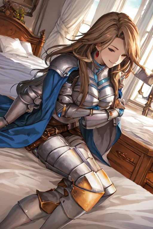 katalina (granblue fantasy), solo, 1girl, armor, gauntlets, belt, breastplate, gloves, shoulder armor, cape, pauldrons, pants, room, smile, lying down, best quality, masterpiece, low-angle shot, bed, bedroom 