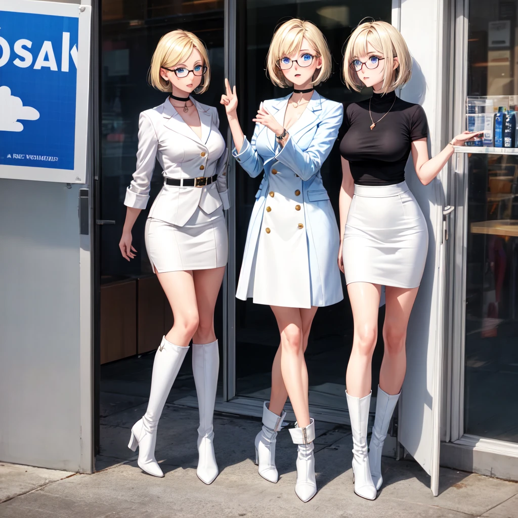 female, short straight blonde hair, blue eyes, white suit jacket, white skirt, long white high heel boots, black choker, no t shirt, medium , glasses, blushing, in front of a window
